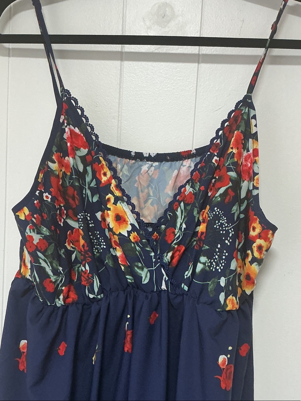 SHEIN Navy Floral Lace-Trim Spaghetti Strap Camisole